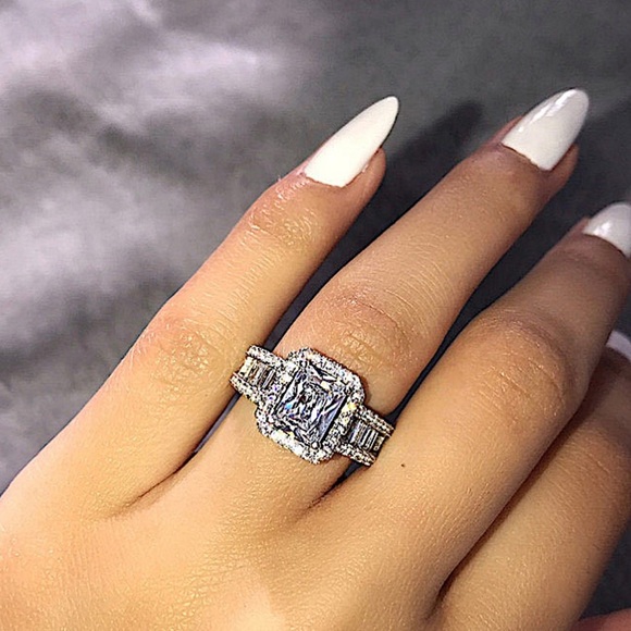 Sterling Silver Baguette Ring Square Cut Zircon - Picture 8 of 11